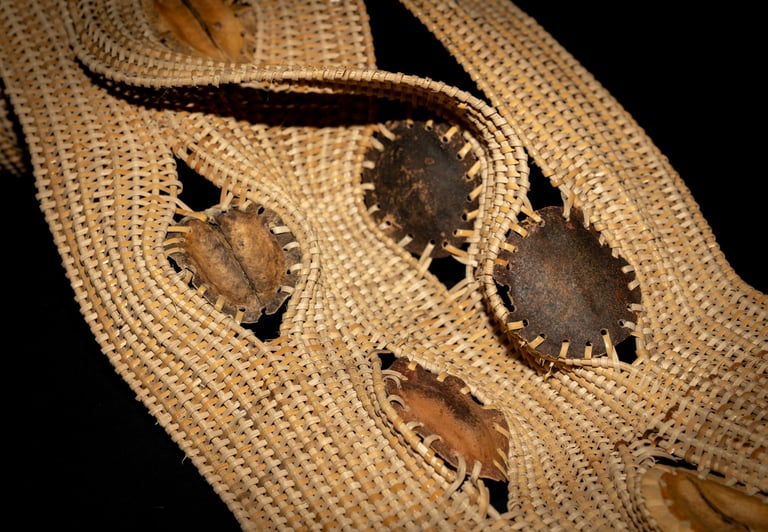 Earthly Joys, 2023, cane, reed, lluvia de oro and jacaranda pods