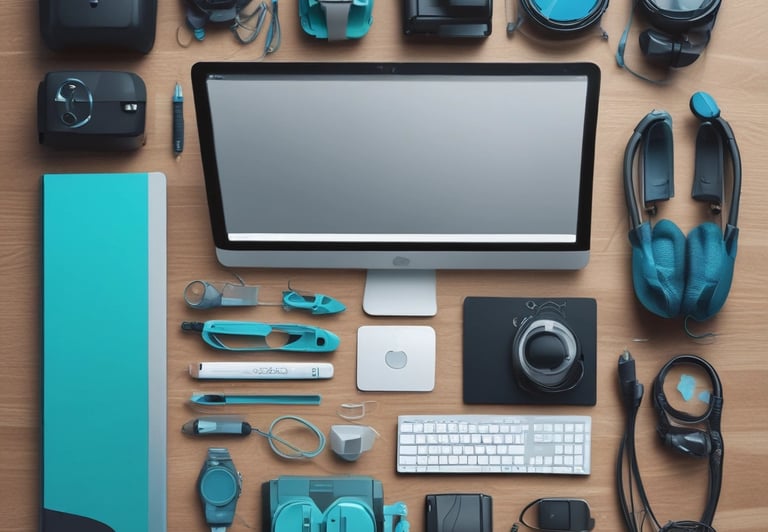 A collection of various electronic gadgets displayed on a wooden table.