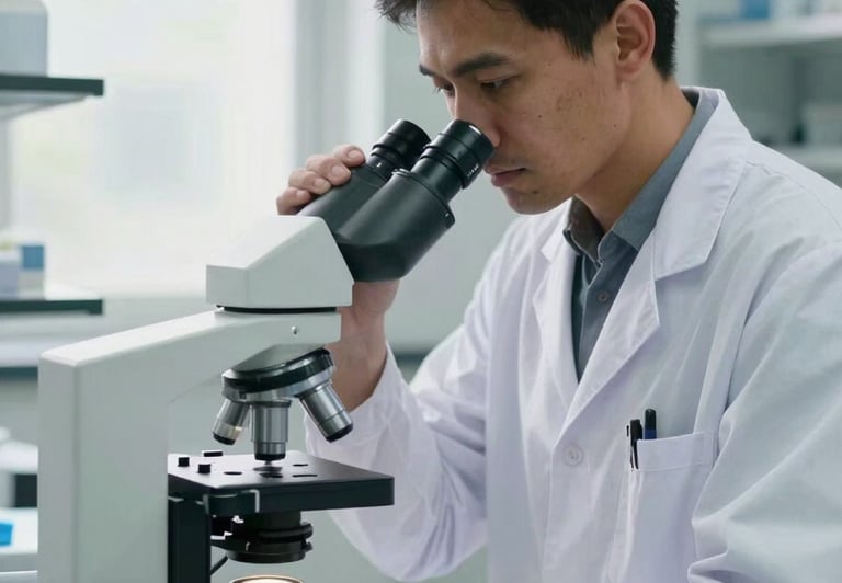 A clinical researcher in a sterile, bright Sokoto hospital laboratory, wearing a white coat and adjusting a modern microscope, natural window light, medium portrait shot.