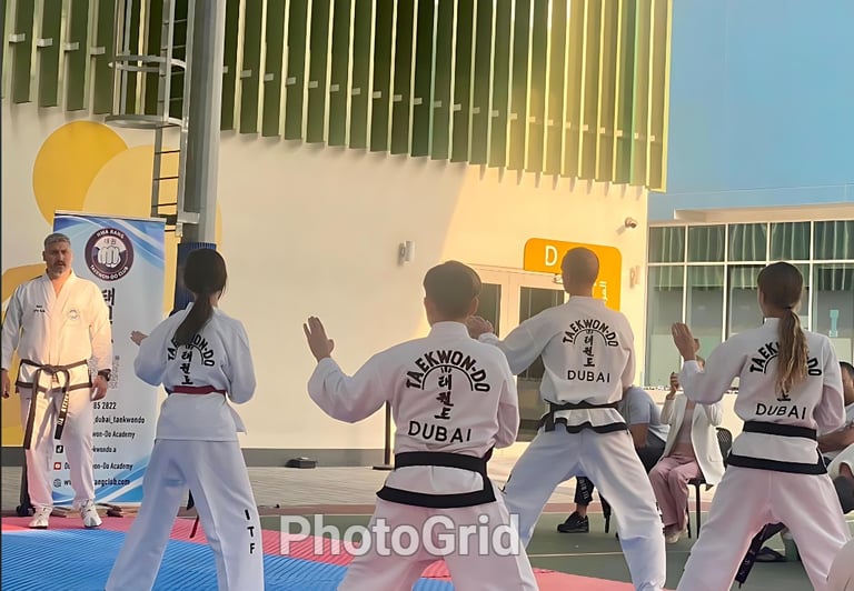 ITF Taekwondo students competing in patterns at Hwa Rang Taekwon-Do Club in Dubai