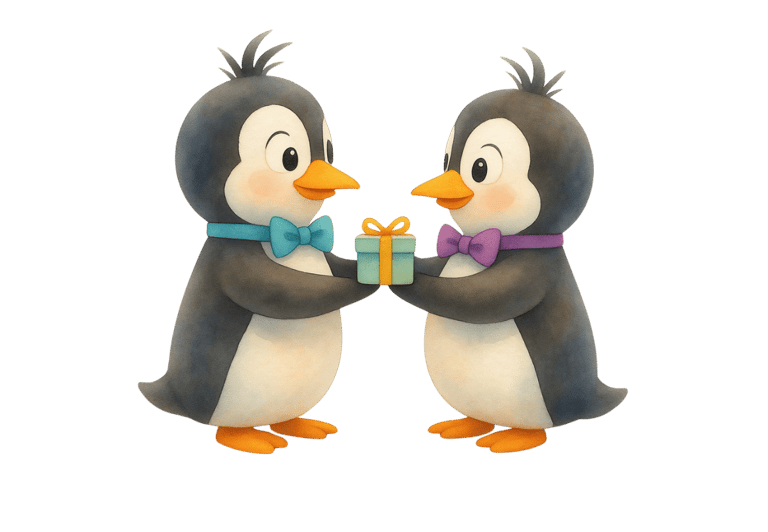 Pip the cartoon penguin giving his friend Oli the penguin a gift