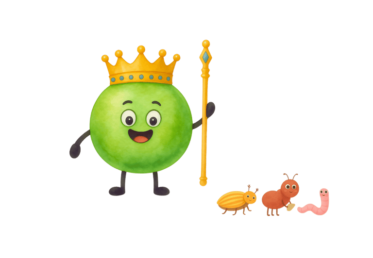 A proud talking pea holds a sceptre. Cartoon insects beside him