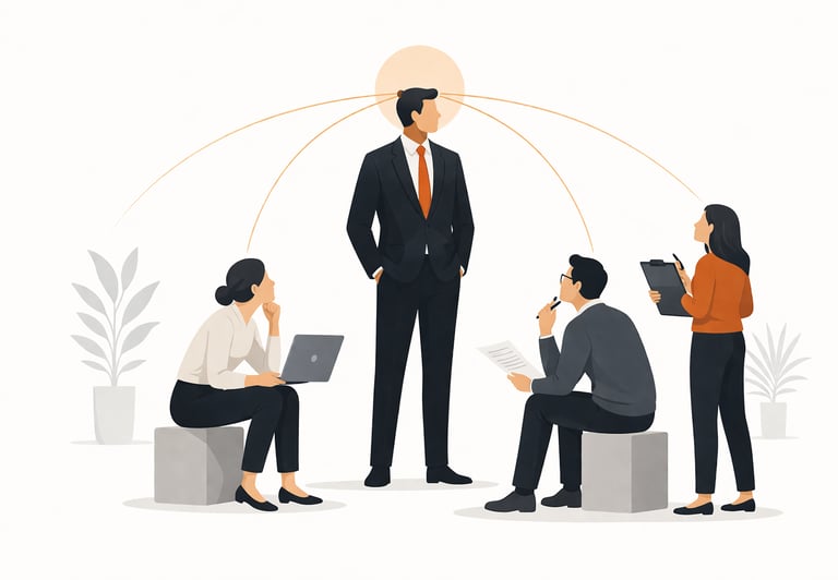 A leader surrounded by his team, symbolizing dependency