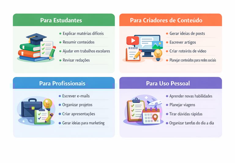 Infográfico mostrando exemplos de uso do ChatGPT para estudantes, criadores de conteúdo, profissiona