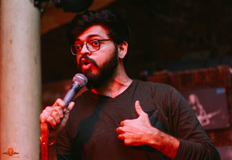 Raghav Thakkar, a stand up comedian performs at an Orange Octopus event in 2017.