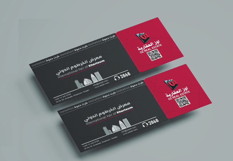 two business cards with a red and black business card