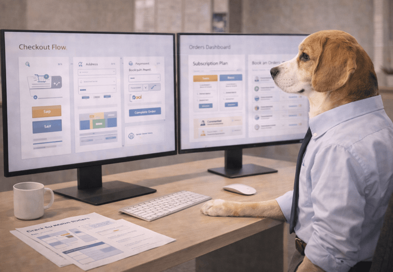 A Beagle wearing a business shirt and tie while reviewing checkout flow analytics on monitors.