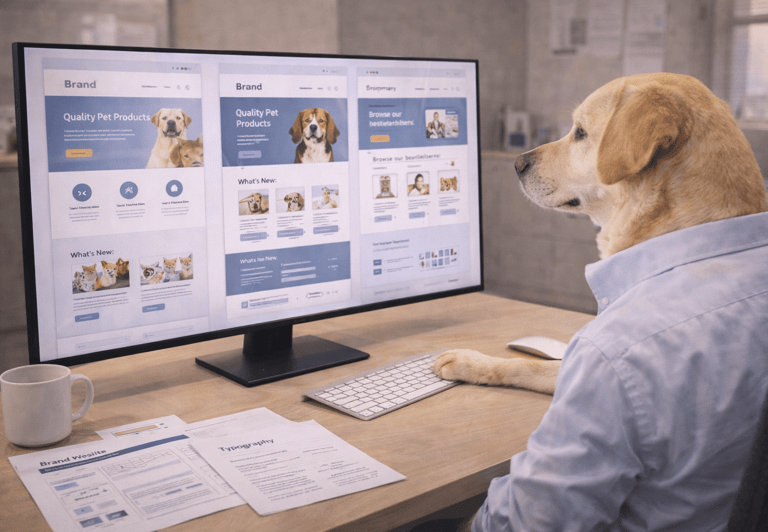 A golden retriever wearing a shirt designs a pet product website on a computer monitor.