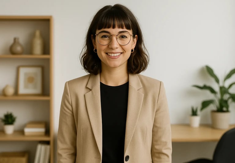 a woman in glasses and a blazer jacket