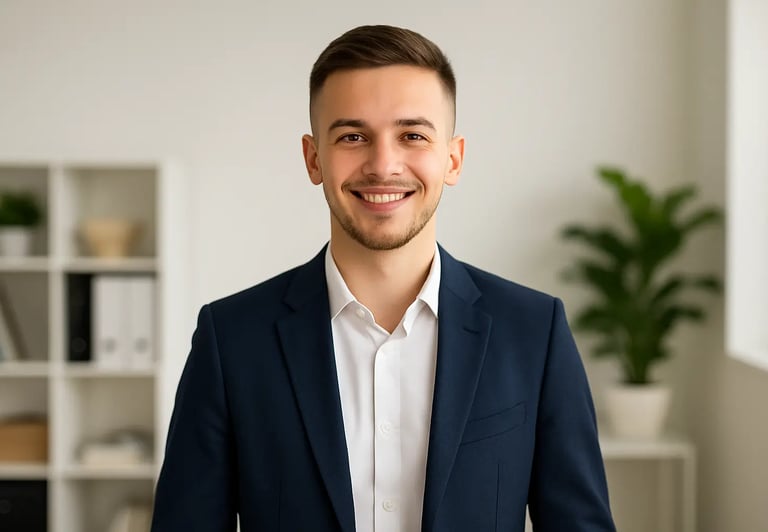 a man in a suit and white shirt smiling