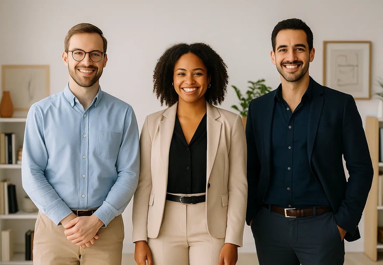 three people standing in a room with a table and chairs