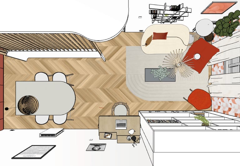 a 3D view of a living room with a couch and a table