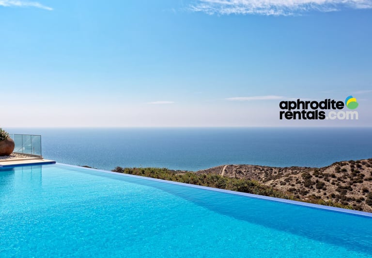 Aphoriterentals.com logo with pool and sea view