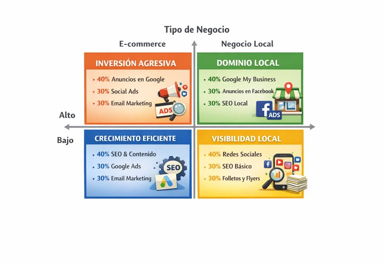 Matriz de selección de mejores estrategias de marketing digital según presupuesto y tipo de negocio