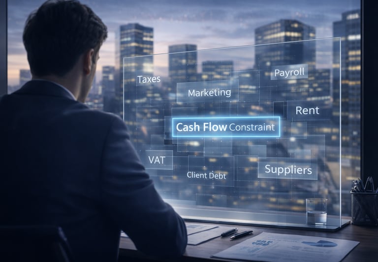 Диагностика узких мест бизнеса в Польше — стеклянная панель с перечнем ключевых задач и выделенным ф