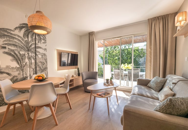 a living room with a couch, chairs, and a table