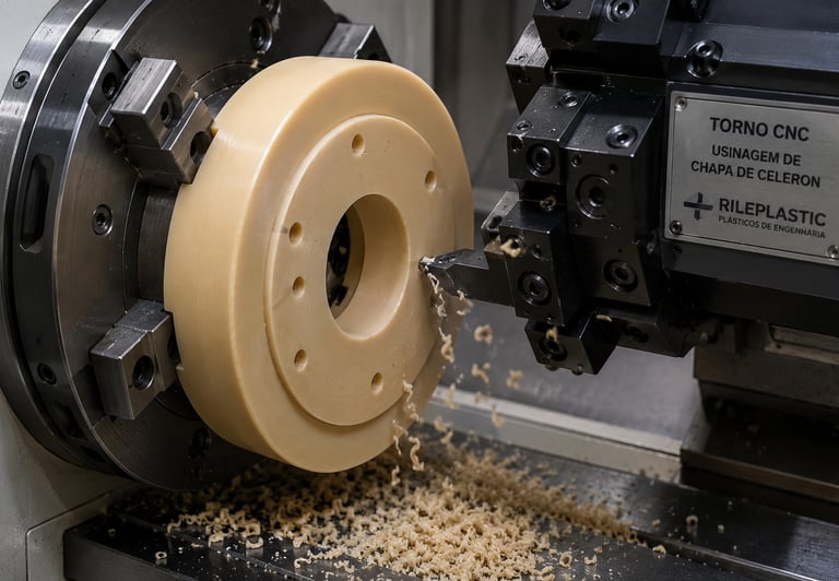 Torno CNC fabricando peça em celeron