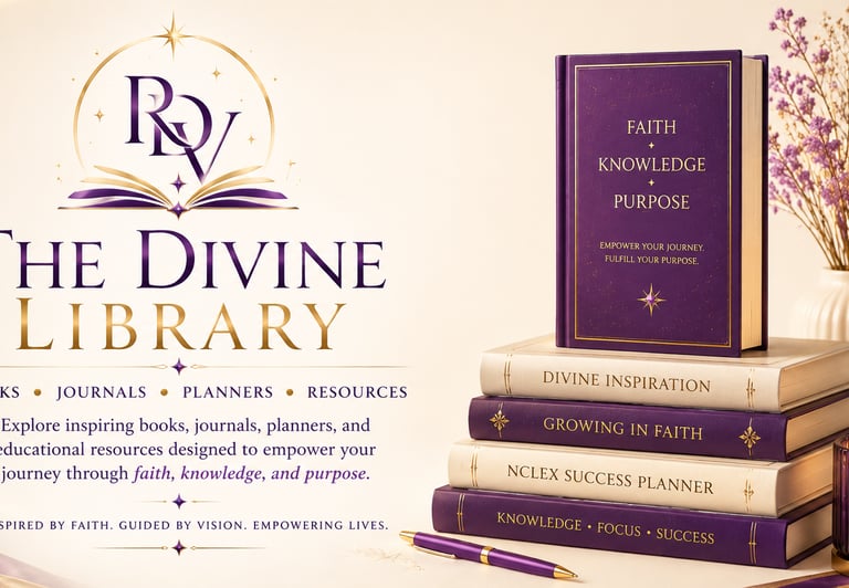 Collection of purple and gold journals, books, and planners from The Divine Library religious resource collection.
