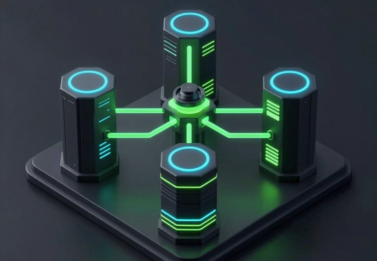 Sleek 3D render of a complex data integration hub, glowing cyan and neon green connections, dark mode aesthetic, isometric perspective