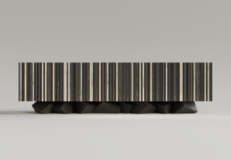 Enfilade série Pyrite en labradorite, marbre blanc, noyer, laiton poli, moabi teinté noir