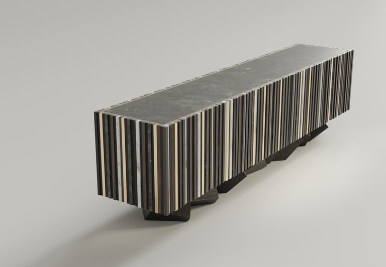 Enfilade série Pyrite en labradorite, marbre blanc, noyer, laiton poli, moabi teinté noir