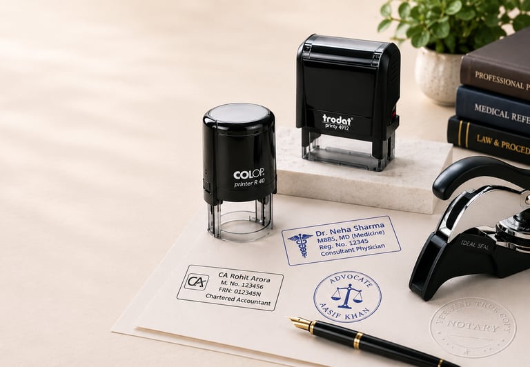 Professional self-inking rubber stamps and notary seal embosser on paper with doctor and lawyer imprints.