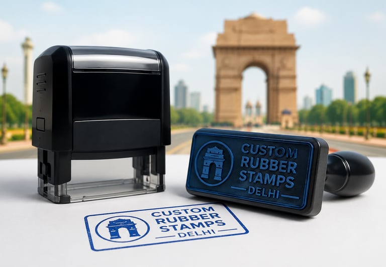 **Custom rubber stamp and self-inking stamp with India Gate backdrop, representing Delhi stamp services
