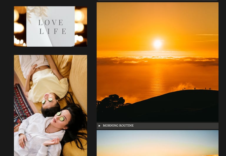 Digital mood board featuring a sunrise over hills, friends with cucumber eye masks, and wellness routine icons.