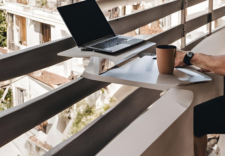 a man sitting at a balcony with a laptop computer