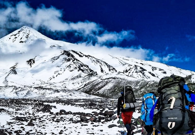 a group of people walking up a snowy mountain
