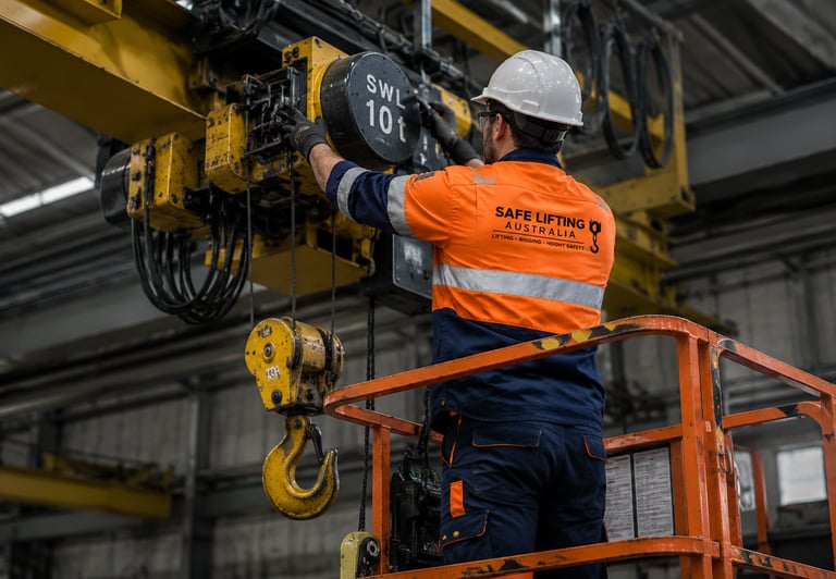 technician carring out crane service and inspecting the hoist