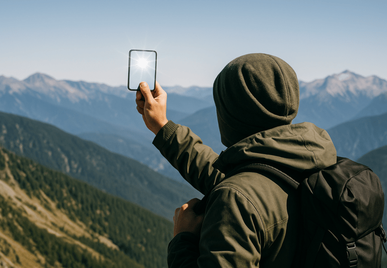 Hiker holding smartphone for signal or navigation on mountain ridge