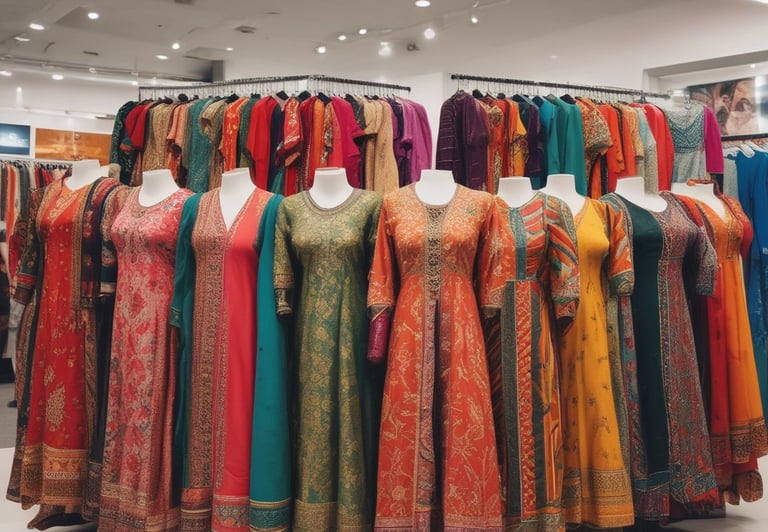 A vibrant display of women's clothing showcasing Pakistani designs.