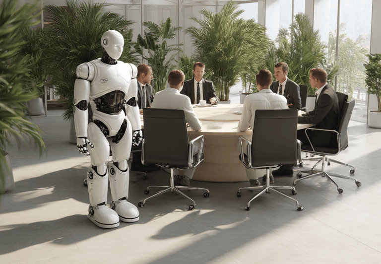 A humanoid robot stands beside business professionals in a modern office, symbolizing AI and automat