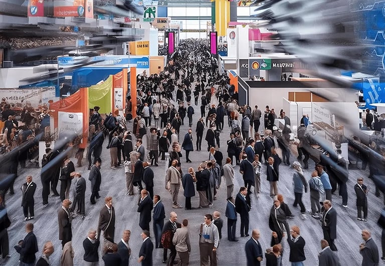Crowded exhibition hall at a major trade show.