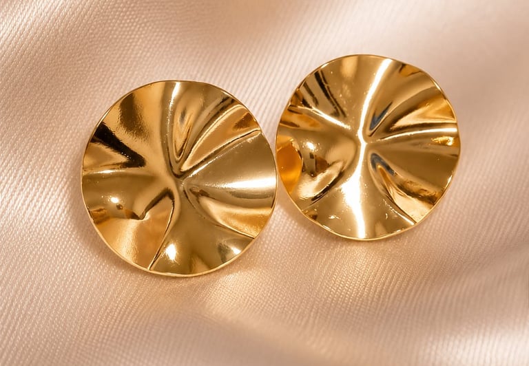 Pair of textured gold disc stud earrings resting on elegant champagne silk fabric.