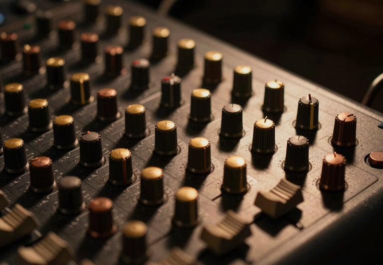 Close-up detail of high-end analog audio console knobs under warm low-key tungsten lighting, deep shadows, elegant cinematic atmosphere, gold and copper accents, 35mm