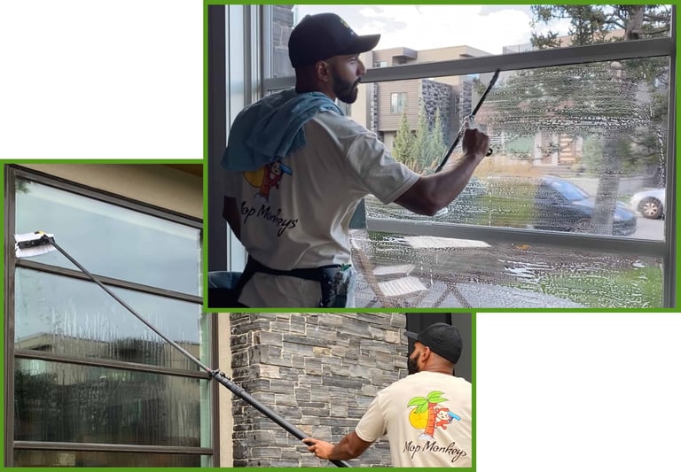 Mop Monkey cleaning exterior & interior windows in Calgary using squeegee and water-fed pole