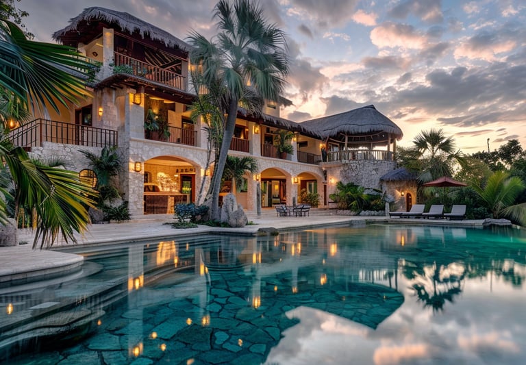 Villa de lujo con alberca tipo laguna, arquitectura rústica y vegetación tropical en la Riviera Maya