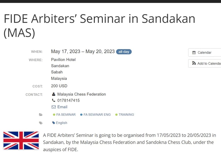 FA Seminar 2023 Conducted By The Sandokan Chess Club in Sabah, Malaysia. 