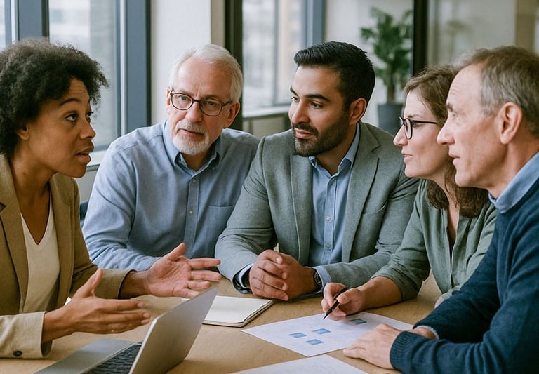 Staffing and recruiting professionals in a business meeting, engaged in discussion about the best hiring solutions