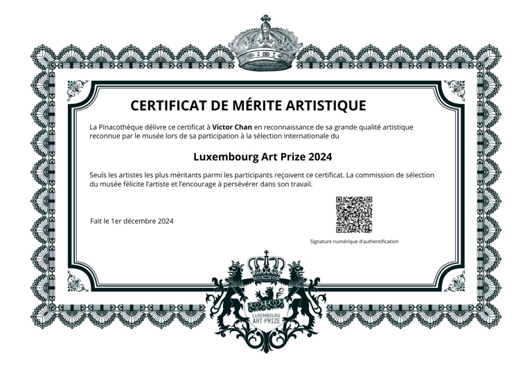 Certificat de Mérite Artistique 2024 Luxembourg Art Prize