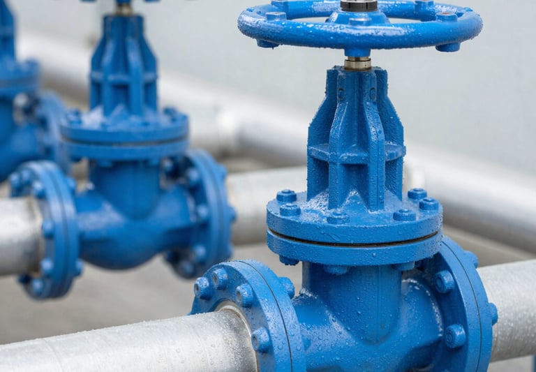 Close-up of industrial valves and gauges arranged neatly on a metallic surface.