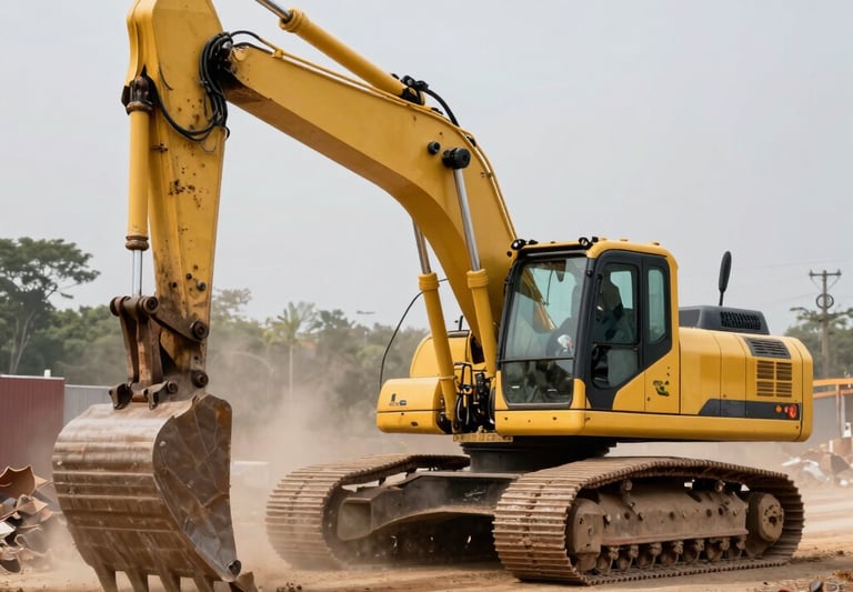 A powerful yellow excavator working on a major road construction project in Zimbabwe, professional action shot, dust and machinery, clean corporate style.