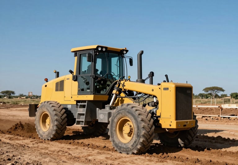 A wide angle shot of a construction site in Southern Africa featuring a road grader leveling earth under a clear blue sky, professional photography.