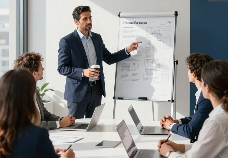 A professional and sophisticated meeting scene in a sunlit, modern Madrid office. A Hispanic consultant is presenting a property portfolio to a family. The atmosphere is trustworthy and clean, featuring minimalist furniture with white and deep blue accents.