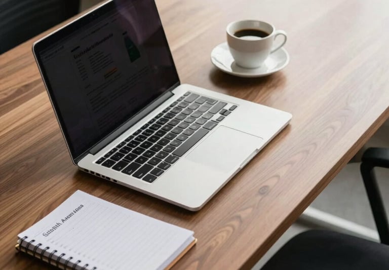 A high-angle shot of a modern, organized workstation in a South American / Brazilian corporate office. A clean desk with a sleek laptop, a planner, and a cup of coffee, illuminated by soft natural light hitting polished wood surfaces.