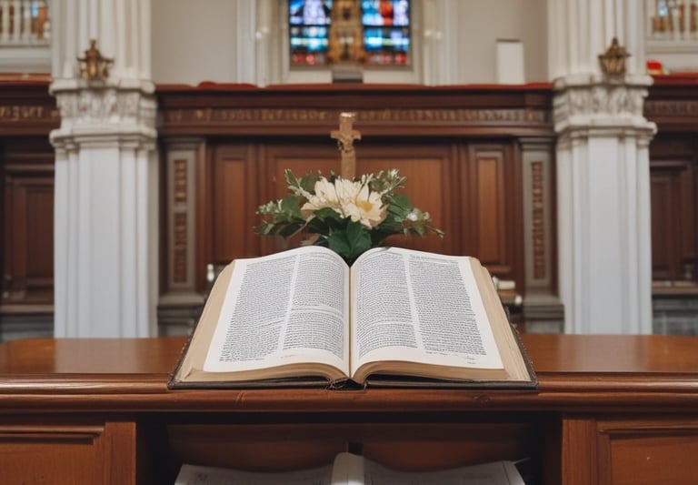 A serene arrangement of beautifully printed funeral order of service booklets resting on a wooden table.