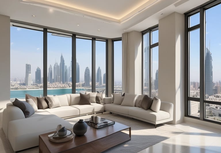 A stunning Dubai penthouse with panoramic city views at sunset.