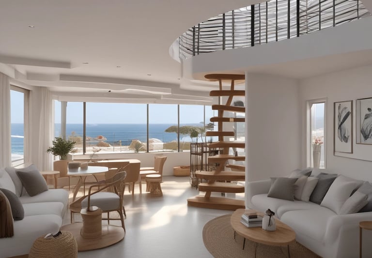 Modern 45 m² mezonette apartment with large windows and balcony view.